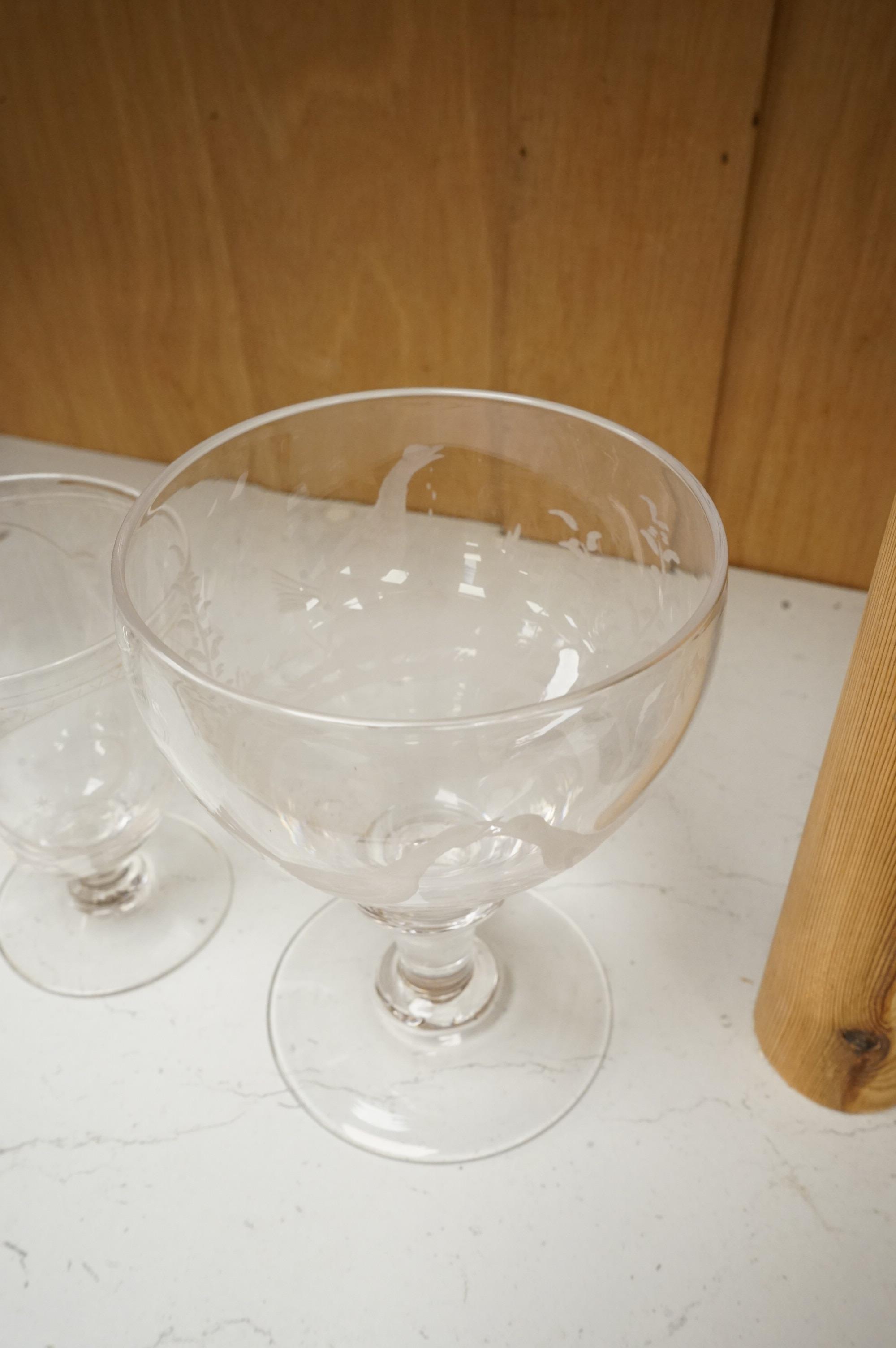 Two 19th century glass rummers and a smaller Masonic drinking glass, tallest 14cm